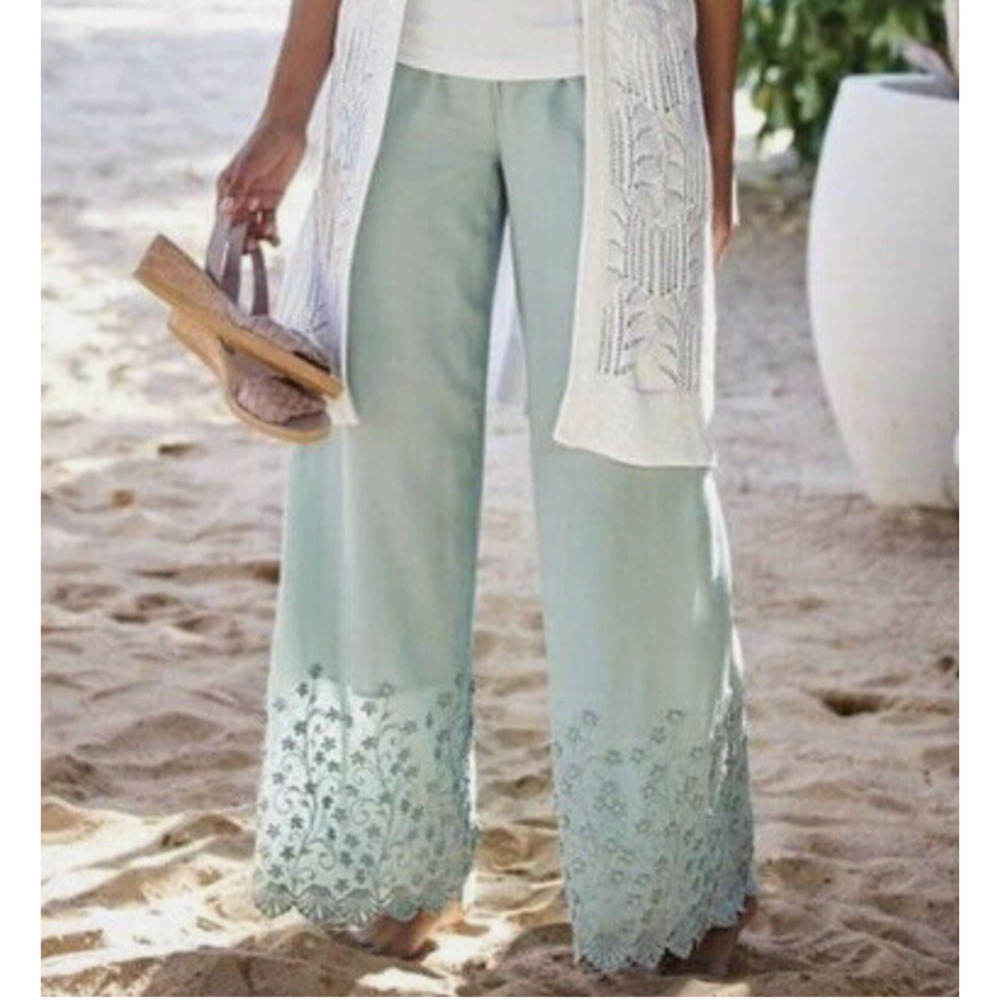 Women's Mint Wide-Leg Embroidered Hem Pants